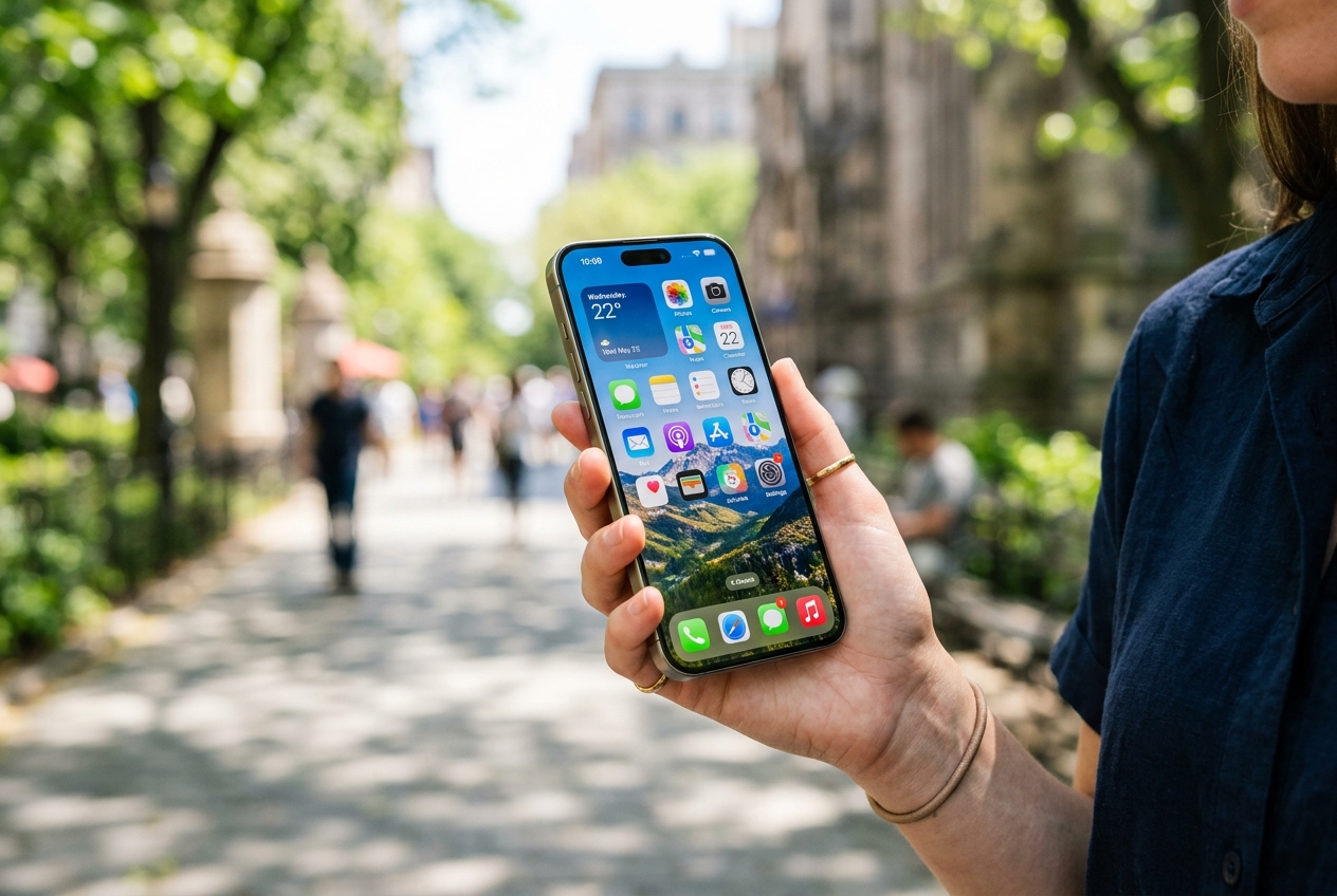 Modern smartphone held outdoors