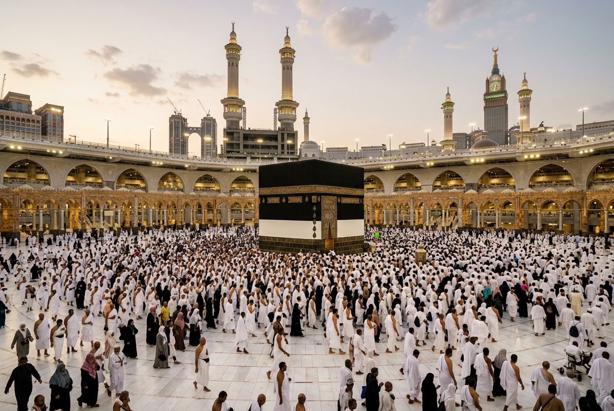 Pilgrims gathered around the Kaaba in Makkah